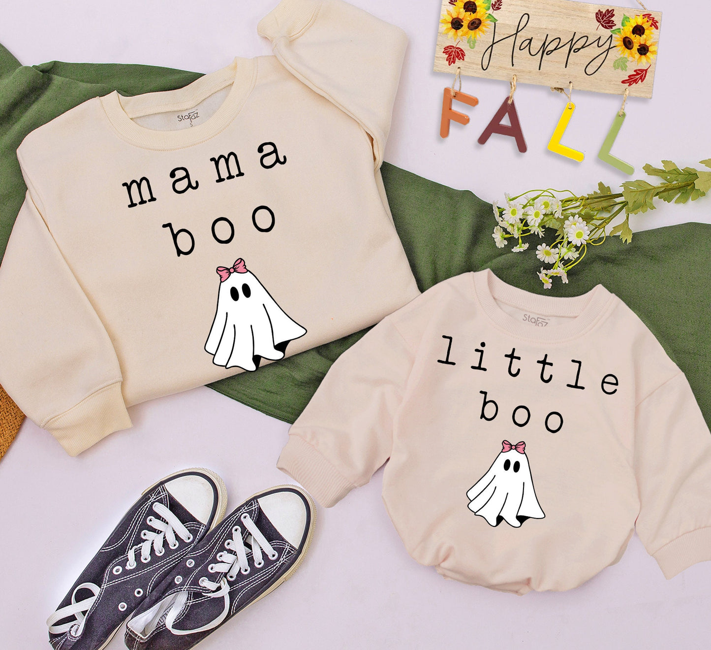 Matching Mama Little Boo Family Halloween Sweatshirts Cute Ghost Pink Bow Design, Cozy Fall Mommy and Me Outfits for All Ages and Gifting
