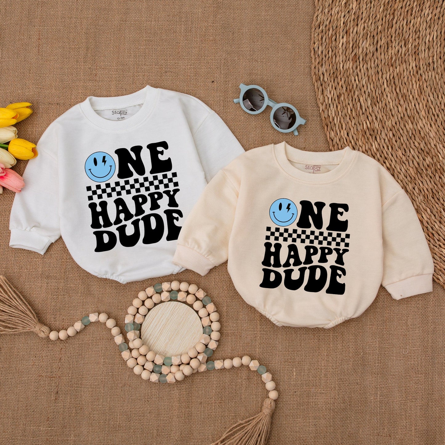 Personalized Blue One Happy Dude Romper Custom Name Smiley Face Birthday Outfit for Baby Boys First Birthday Celebration Cake Smash