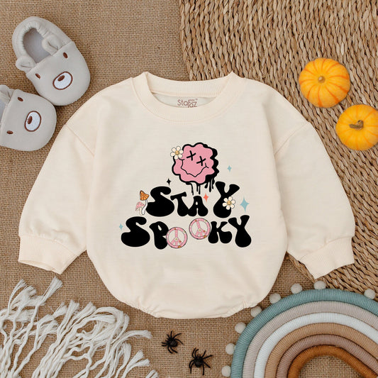 Stay Spooky Halloween Baby Romper Outfit Retro Groovy First Halloween Clothes Infant Bodysuit Cute Pink Cloud Mushroom Design Fall Baby Clothes Gift 138