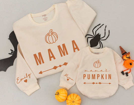 Mama & Mama's Pumpkin Matching Sweatshirts - Fall Mommy and Me Outfits, Thanksgiving Kid's Shirt, Brown Cream Family Sweaters (138 chars)
