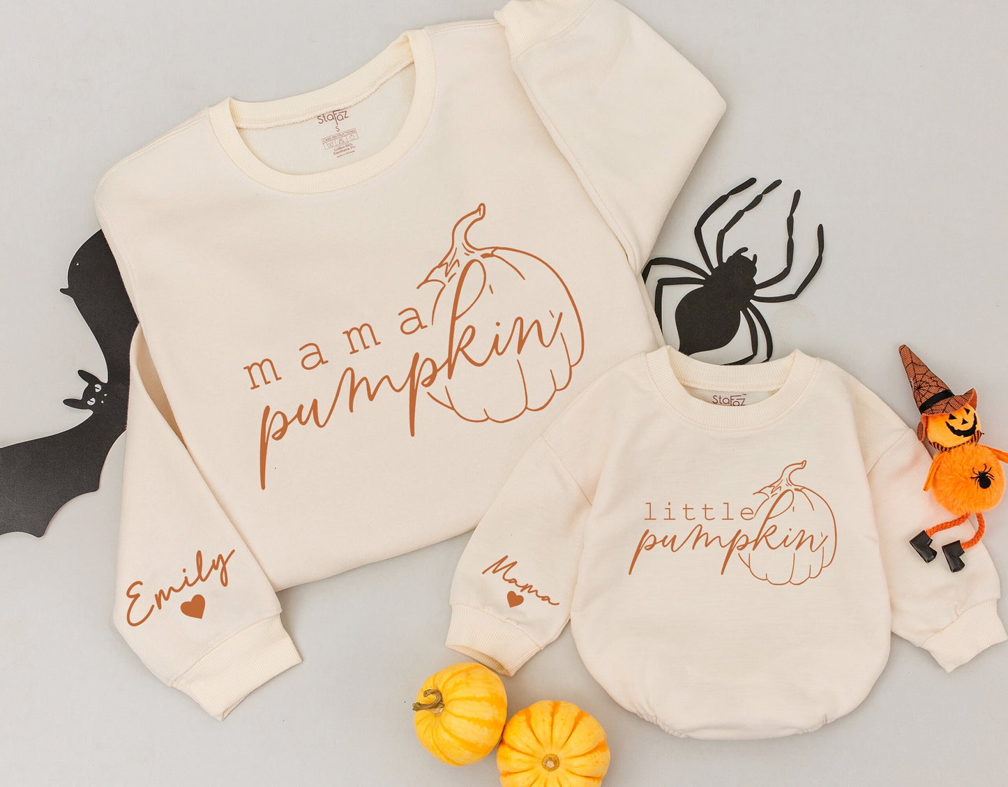 Custom Mama Little Pumpkin Matching Fall Outfit Set with Name & Heart, Brown Handwritten Sweatshirt & Baby Romper, Cute Festive Gift