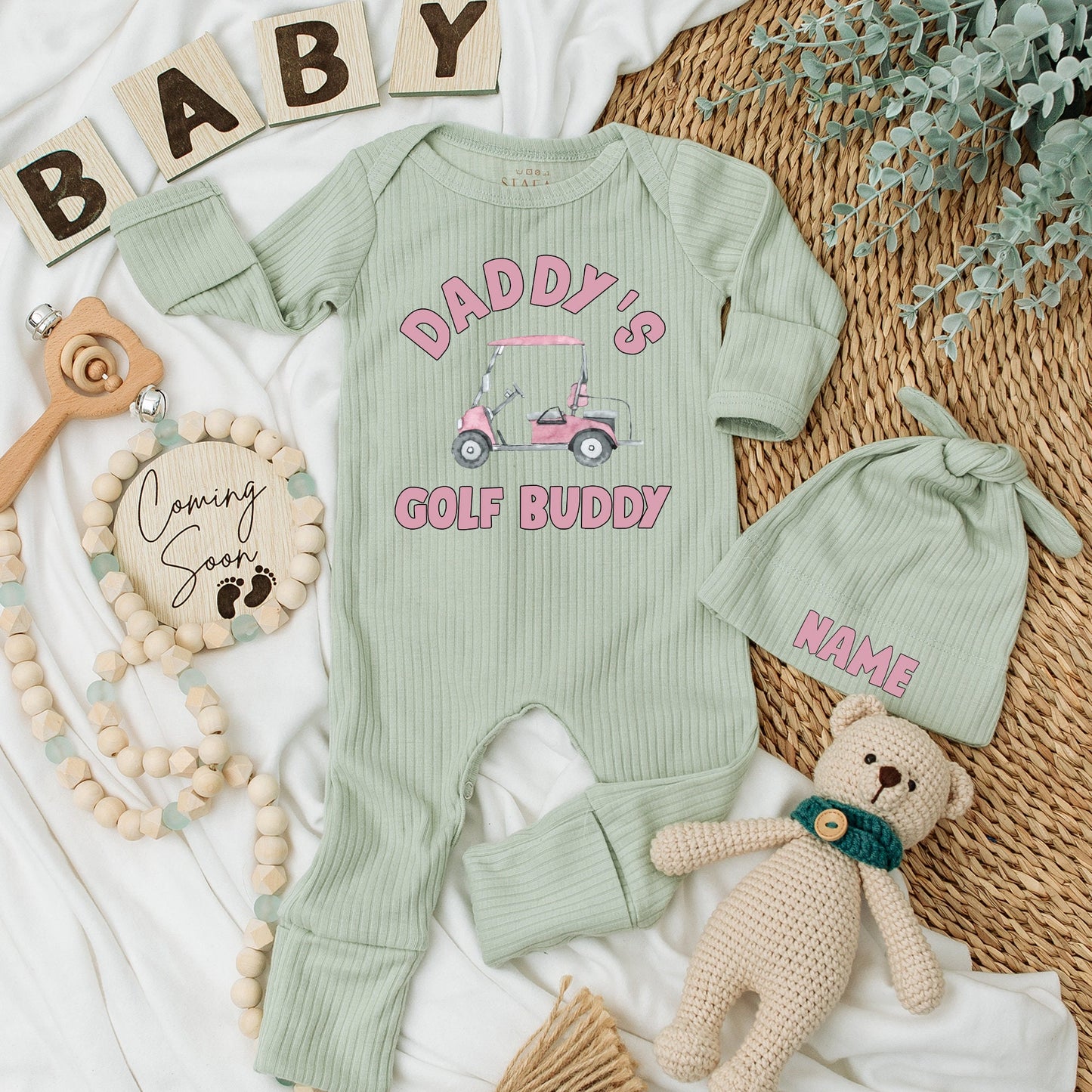 Personalized Pink Daddy's Golf Buddy Baby Bodysuit & Hat Set with Golf Cart Design New Dad Gift Infant Boy Girl Shower Announcement Outfit