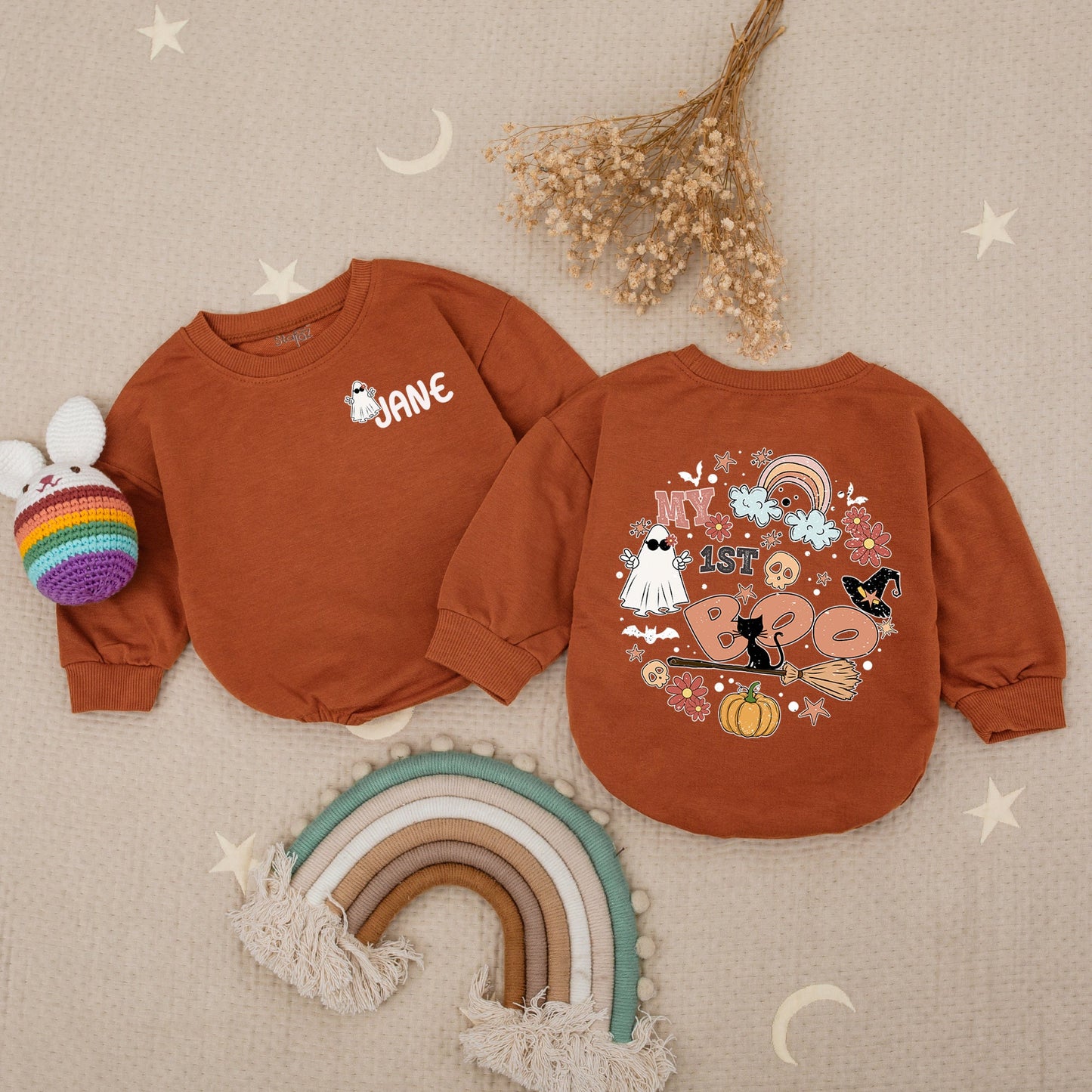 Personalized My 1st Boo Romper: Spooky Cute Halloween Outfit for Baby, Toddler or Infant – Ghost, Cat & Pumpkin Groovy First Halloween Costume (138 chars)