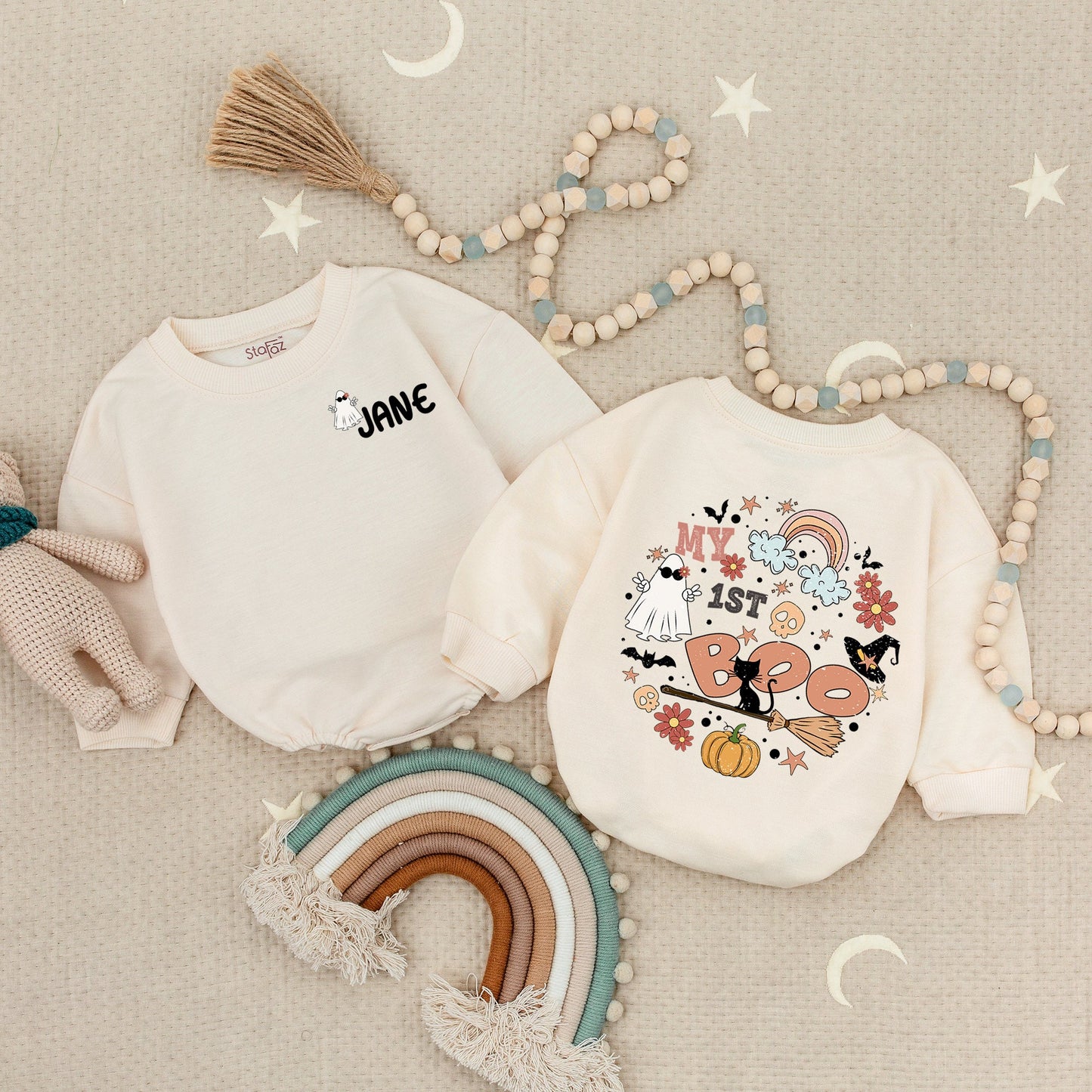 Personalized My 1st Boo Romper: Spooky Cute Halloween Outfit for Baby, Toddler or Infant – Ghost, Cat & Pumpkin Groovy First Halloween Costume (138 chars)