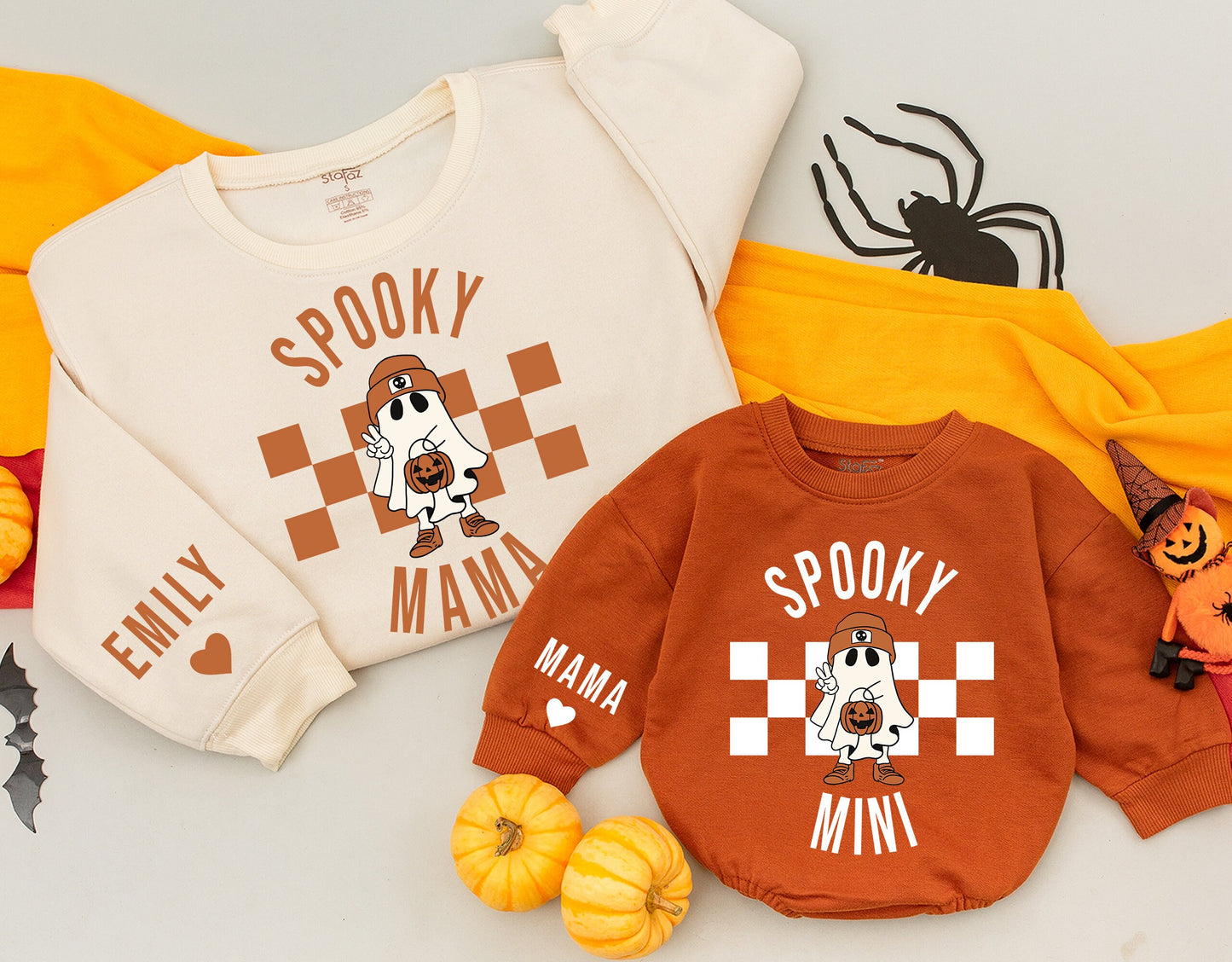 Spooky Mama and Mini Ghost Sweatshirts Matching Family Halloween Outfits Cute Pumpkin Design Comfy Fall Sweaters for Mom Halloween Gifts 1st Boo Season