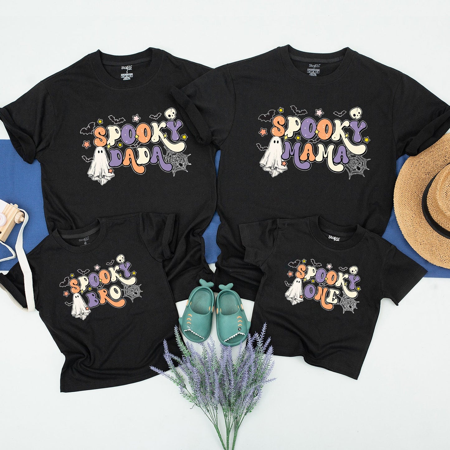 Spooky One Birthday Halloween T-Shirt Mommy and Me Matching Family Outfits Retro Ghost Bat Design