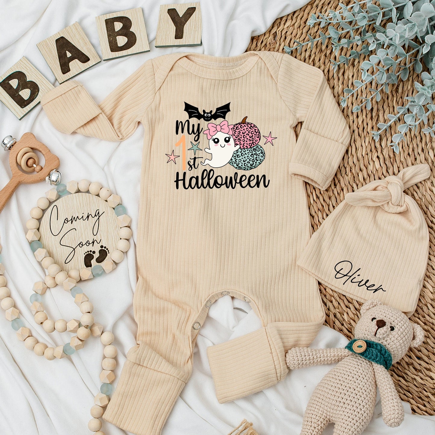 My 1st Halloween Baby Bodysuit & Hat Set Cute Bat Ghost Pumpkins Newborn Girl Baby Shower Gift Long Sleeve Announcement Outfit