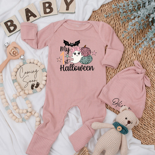 My 1st Halloween Baby Bodysuit & Hat Set Cute Bat Ghost Pumpkins Newborn Girl Baby Shower Gift Long Sleeve Announcement Outfit