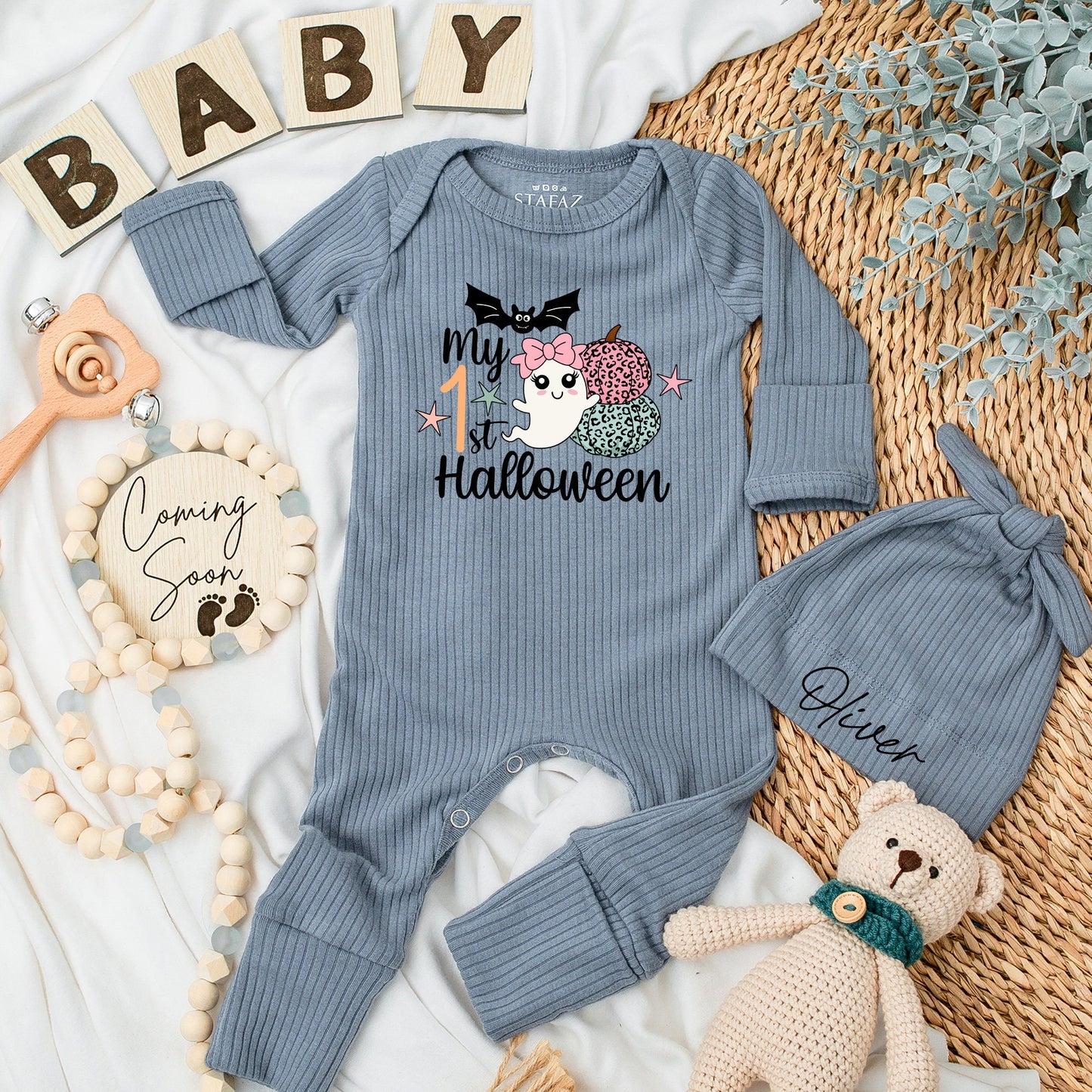 My 1st Halloween Baby Bodysuit & Hat Set Cute Bat Ghost Pumpkins Newborn Girl Baby Shower Gift Long Sleeve Announcement Outfit
