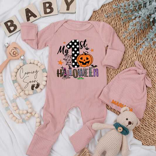 My 1st Halloween Baby Bodysuit & Hat Set - Newborn Outfit & Baby Shower Gift! Pumpkin, Spiderweb Design, Long Sleeve Baby Announcement