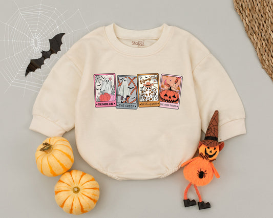 Retro Halloween Tarot Card Romper, Spooky Ghoul Baby Bodysuit, Vintage Ghost Outfit for First Halloween, Fall Baby Clothes, Howdy Ghouls Style 138