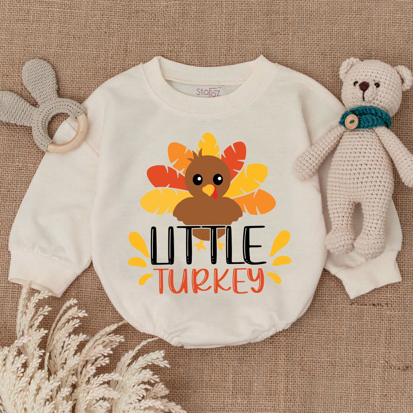 Cute Little Turkey Retro Natural Baby Romper Thanksgiving Bodysuit Bright Feather Design Autumn Kids Baby Shower Gift