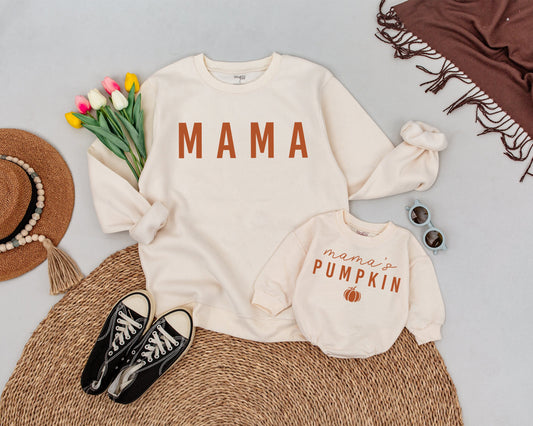 Mama's Pumpkin Sweatshirt Matching Mommy and Me Fall Family Outfit Adorable Halloween Costume for Mom and Baby