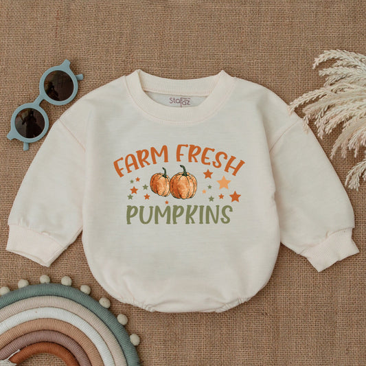 Farm Fresh Pumpkin Patch Bubble Romper, Thanksgiving Outfit, Baby Girl Fall Clothes, Autumn Bodysuit, Little Pumpkin Star Design, Thanksgiving Gift 139