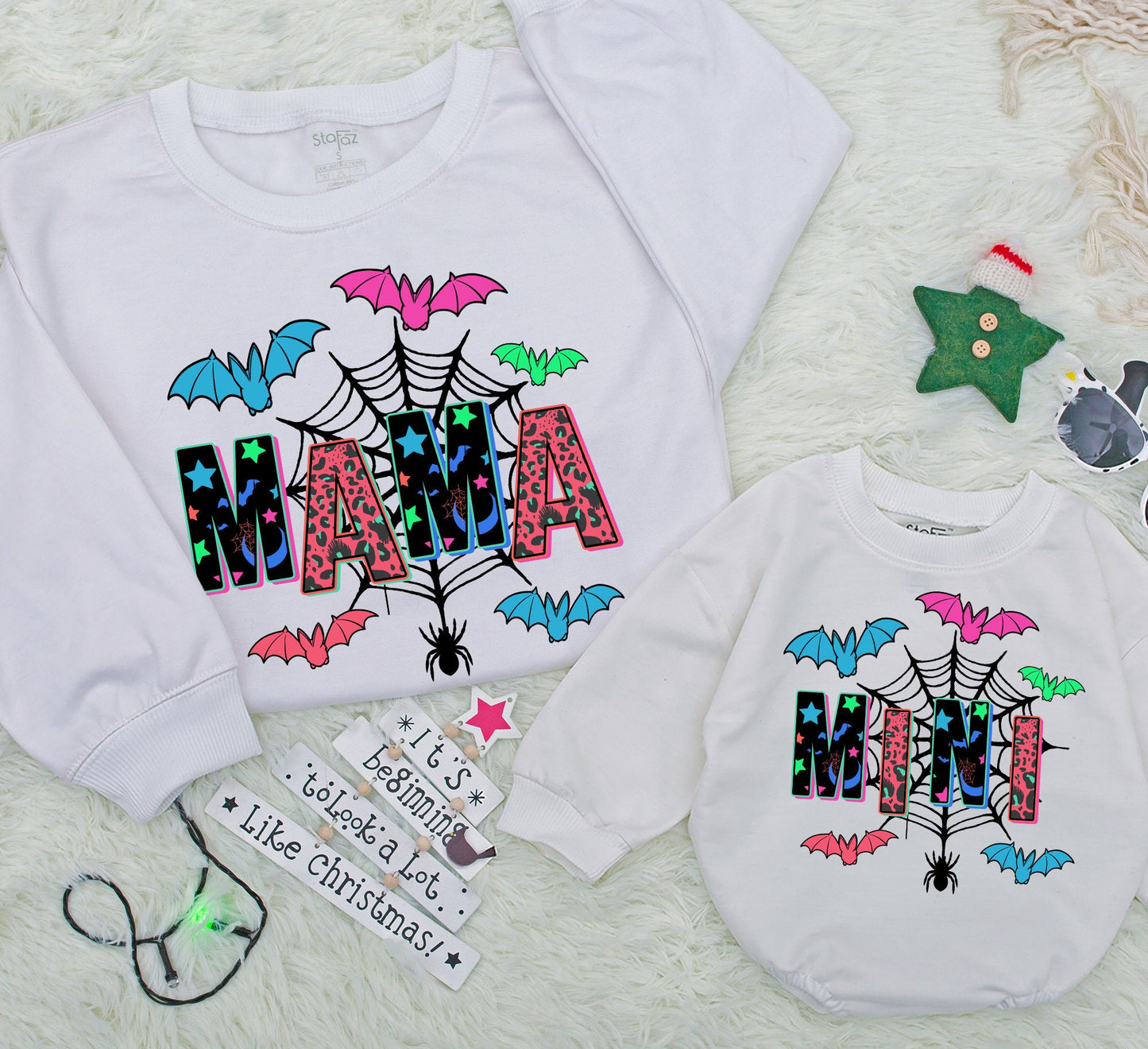 Mama and Mini Matching Halloween Sweatshirts, Spooky Fall Leopard Star Design, Vibrant Neon Spiderweb Bat Print Family Outfit