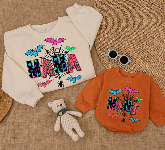 Mama and Mini Matching Halloween Sweatshirts, Spooky Fall Leopard Star Design, Vibrant Neon Spiderweb Bat Print Family Outfit