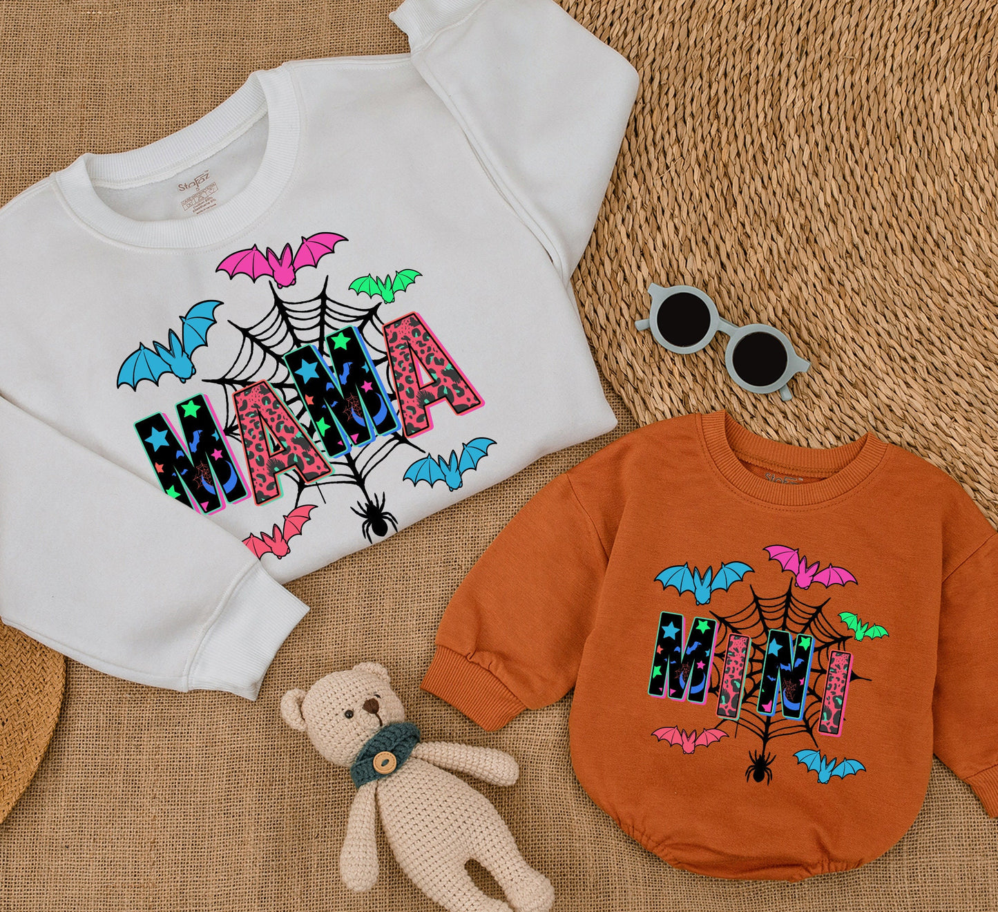 Mama and Mini Matching Halloween Sweatshirts, Spooky Fall Leopard Star Design, Vibrant Neon Spiderweb Bat Print Family Outfit