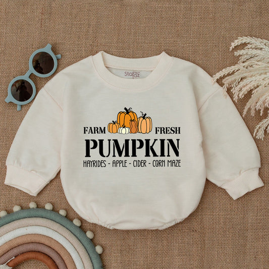 Farm Fresh Pumpkin Patch Romper, Groovy Fall Baby Outfit, Thanksgiving Bodysuit for Hayrides, Cider, Corn Maze, Cute Autumn Clothes for Baby  (138 chars)
