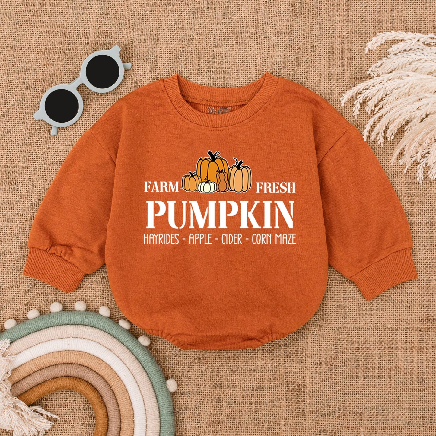 Farm Fresh Pumpkin Patch Romper, Groovy Fall Baby Outfit, Thanksgiving Bodysuit for Hayrides, Cider, Corn Maze, Cute Autumn Clothes for Baby (138 chars)