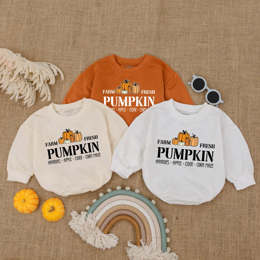 Farm Fresh Pumpkin Patch Romper, Groovy Fall Baby Outfit, Thanksgiving Bodysuit for Hayrides, Cider, Corn Maze, Cute Autumn Clothes for Baby  (138 chars)
