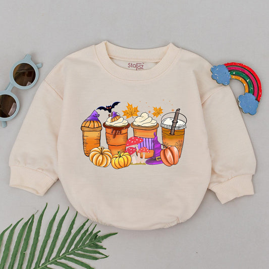 Cute Halloween Coffee Cup Romper Baby's First Halloween Outfit Spooky Season Gift for Boys Newborn Infant Fall Festive Orange Brown