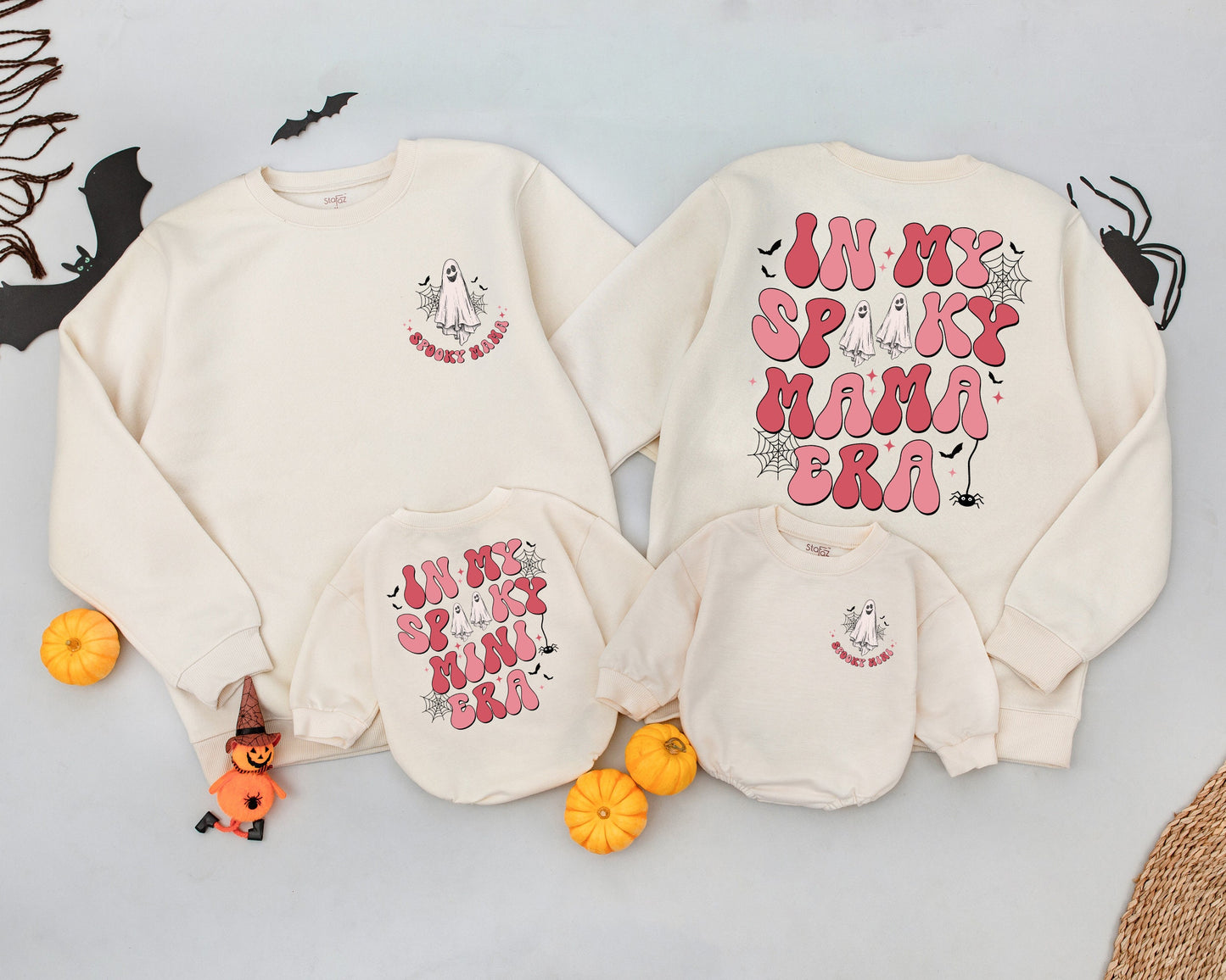 Spooky Mama Mini Sweatshirts Matching Family Halloween Costume Retro Ghost Gifts Cozy Fall Outfits for Mom and Baby