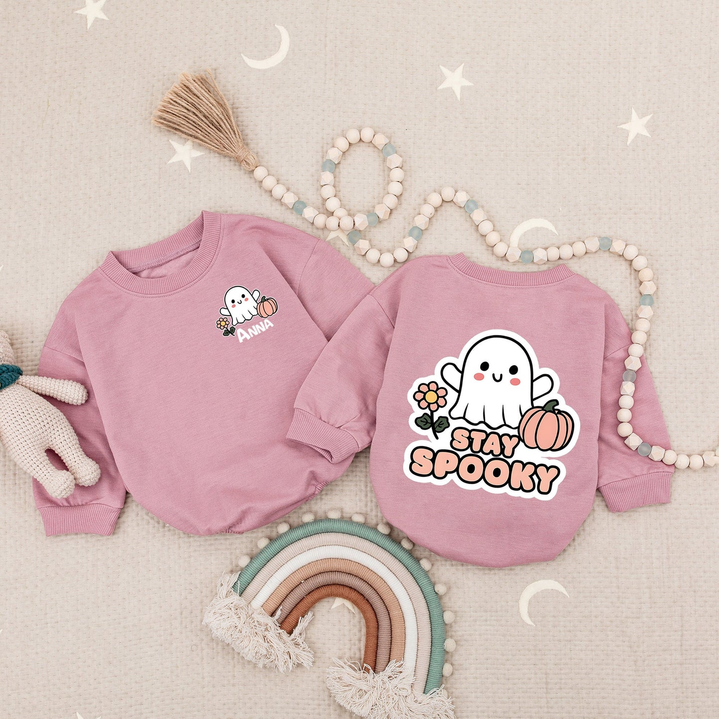 Personalized Anna & Stay Spooky Halloween Baby Romper, Cute Ghost & Pumpkin Design, Newborn, Toddler Girl & Boy Spooky Outfit, First Halloween