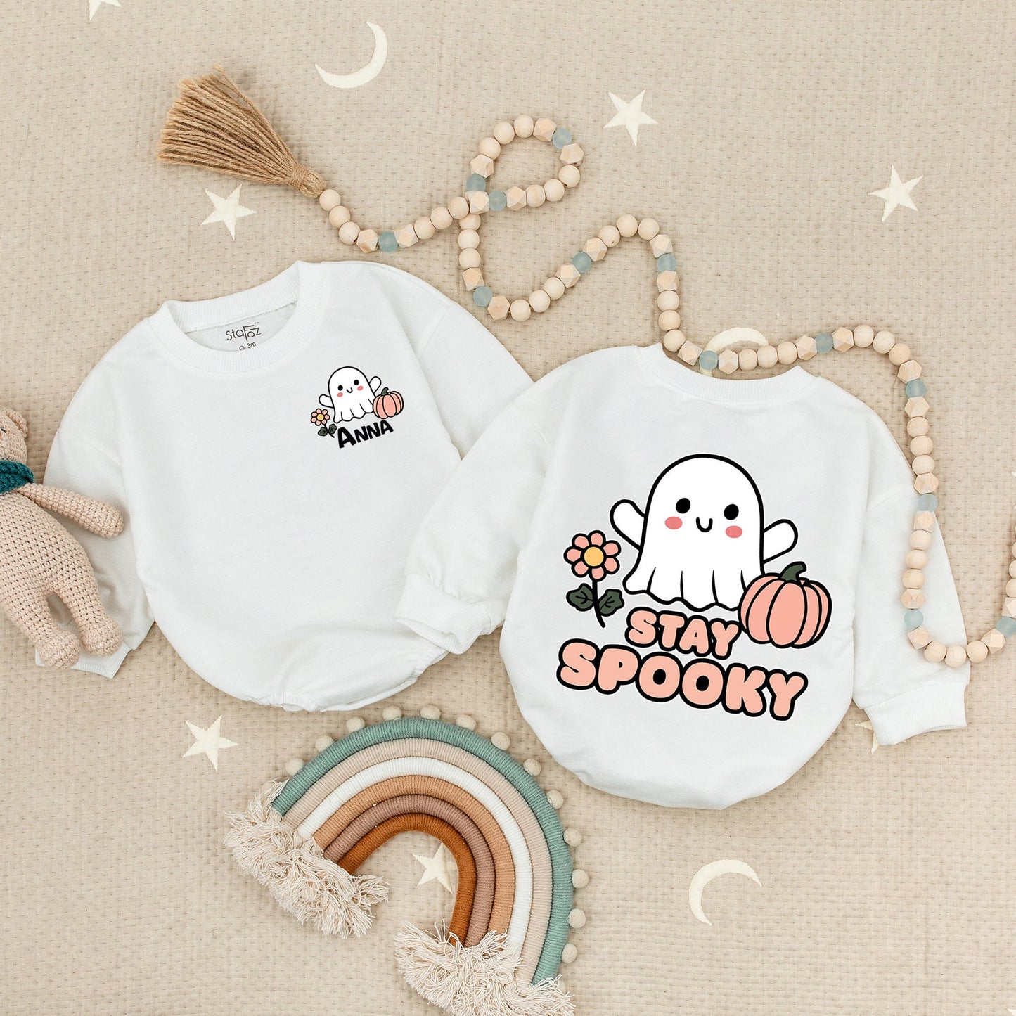 Personalized Anna & Stay Spooky Halloween Baby Romper, Cute Ghost & Pumpkin Design, Newborn, Toddler Girl & Boy Spooky Outfit, First Halloween
