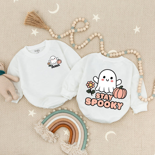Personalized Anna & Stay Spooky Halloween Baby Romper, Cute Ghost & Pumpkin Design, Newborn, Toddler Girl & Boy Spooky Outfit, First Halloween