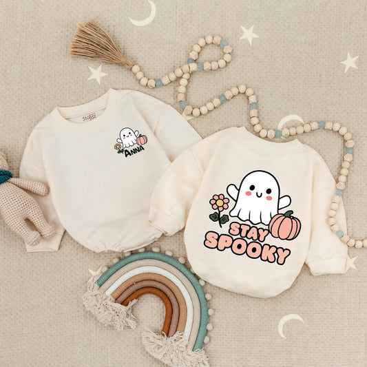 Personalized Anna & Stay Spooky Halloween Baby Romper, Cute Ghost & Pumpkin Design, Newborn, Toddler Girl & Boy Spooky Outfit, First Halloween