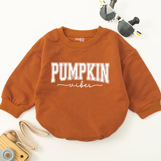 Pumpkin Vibes Baby Romper Natural Fall Harvest Bodysuit Cute Infant Outfit First Thanksgiving Gift Trendy Varsity Style Design