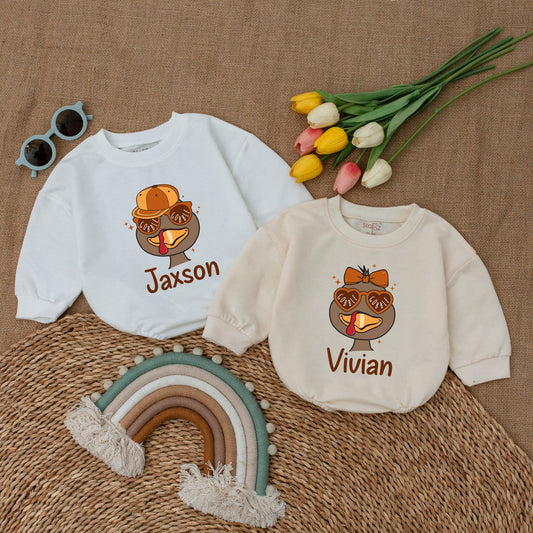 Personalized Turkey Baby Romper - Cute Thanksgiving Fall Bodysuit