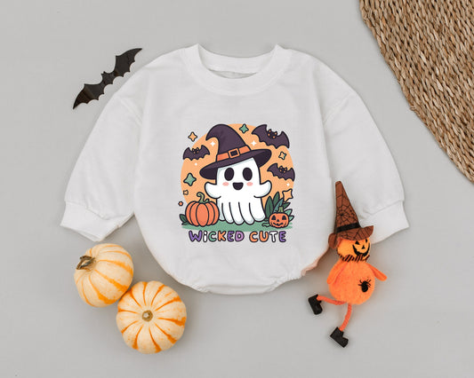 Ghostly Cute "WICKED CUTE" Halloween Baby Romper Orange Purple Black White Festive Cartoon Ghost Witch Hat Bats Stars Pumpkins Toddler Newborn Outfit