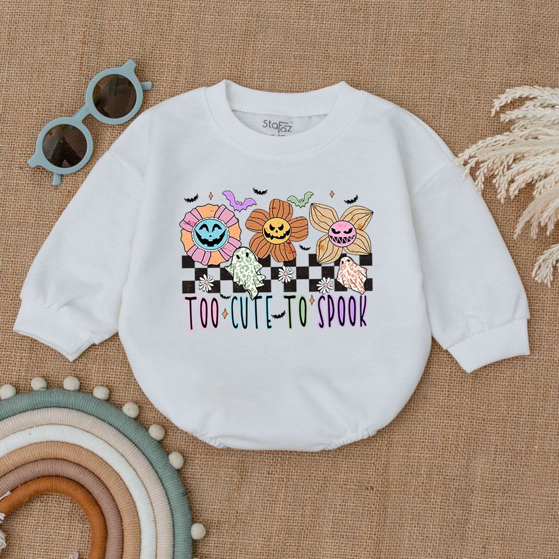 Baby Too Cute To Spook Halloween Bubble Romper My First Spooky Season Outfit with Playful Flowers, Ghosts, Bats & Checkered Print Bodysuit Gift