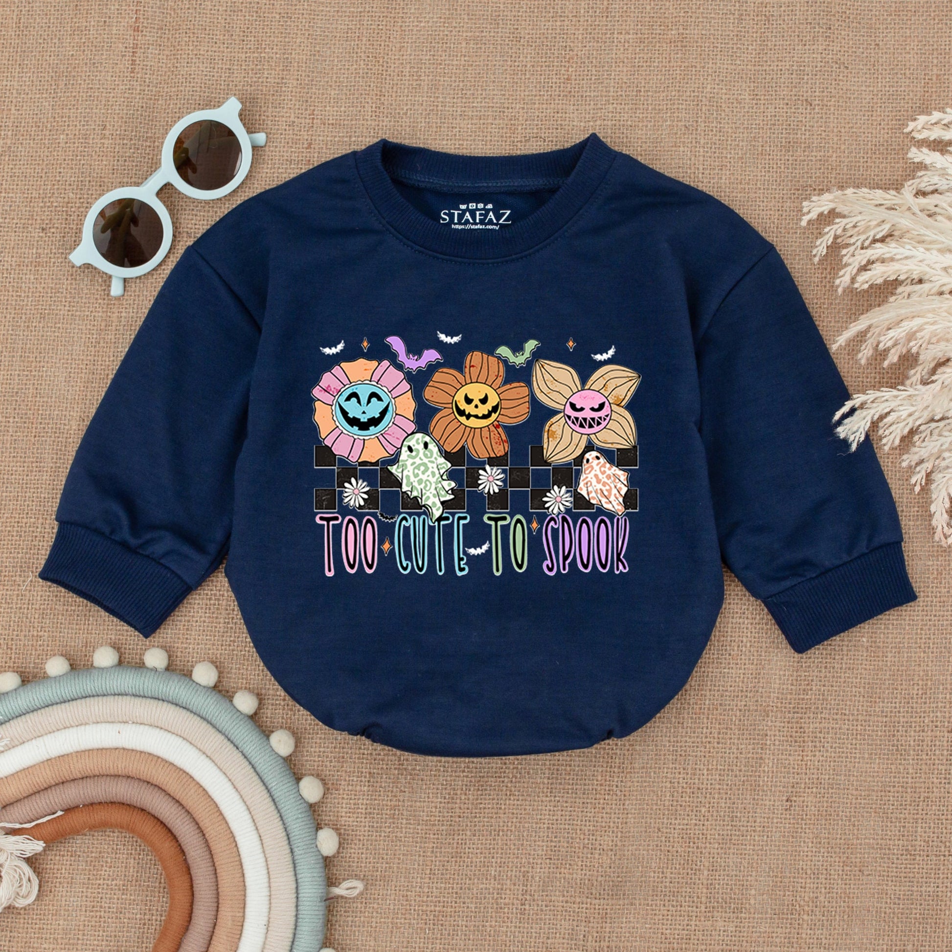 Baby Too Cute To Spook Halloween Bubble Romper My First Spooky Season Outfit with Playful Flowers, Ghosts, Bats & Checkered Print Bodysuit Gift