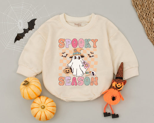 Spooky Season Baby Romper Cute Retro Ghost Witch Hat Pumpkin Pastel Halloween Toddler Outfit Fall Gift