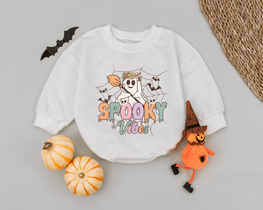 Retro Spooky Vibes Baby Romper - Cute Ghost Halloween Outfit for Baby Girl or Boy! Fall Bubble Romper Gift
