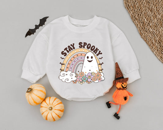 Groovy Spooky Ghost Baby Romper Vintage Flower Halloween Outfit Cute Pastel Rainbow Toddler Costume Fall Shower Gift Soft Cotton Comfortable