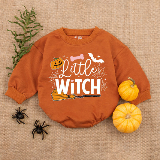 Little Witch Halloween Baby Romper Outfit - Retro Black & Orange Pumpkin Design for First Halloween Baby Girl Clothes - Fall