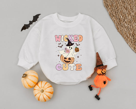 Retro Wicked Cute Ghost Baby Romper Pastel Halloween Outfit with Witch Hat Ghost and Pumpkin for Toddlers and Infants Perfect Baby Shower Gift