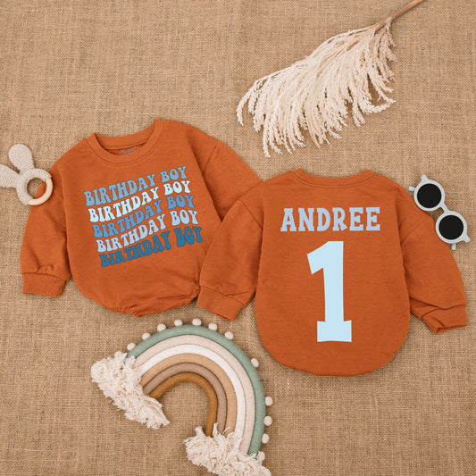 Personalized Birthday Boy Romper Set Andree's First Birthday Outfit Retro Blue Theme Long Sleeve Cupcake Bodysuit Custom Name 1st Birthday Party Clothes