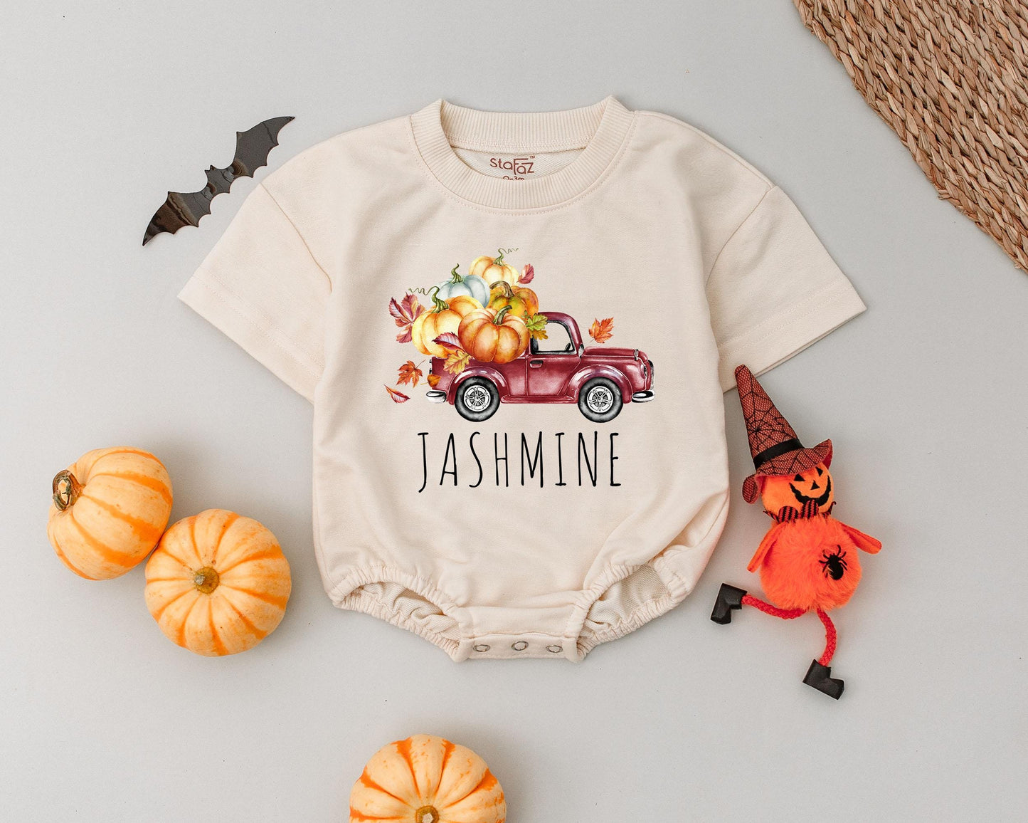 First Halloween Personalized Romper: Pumpkin Spice & Truck Outfit