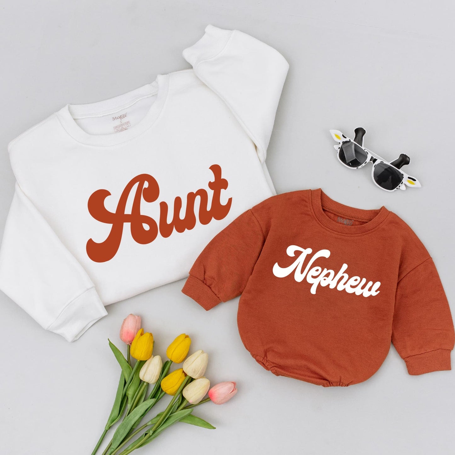 Retro Aunt Nephew Matching Shirts Vintage Red Brown Auntie's Bestie White Nephew Text Family Outfits Casual Cotton Comfort