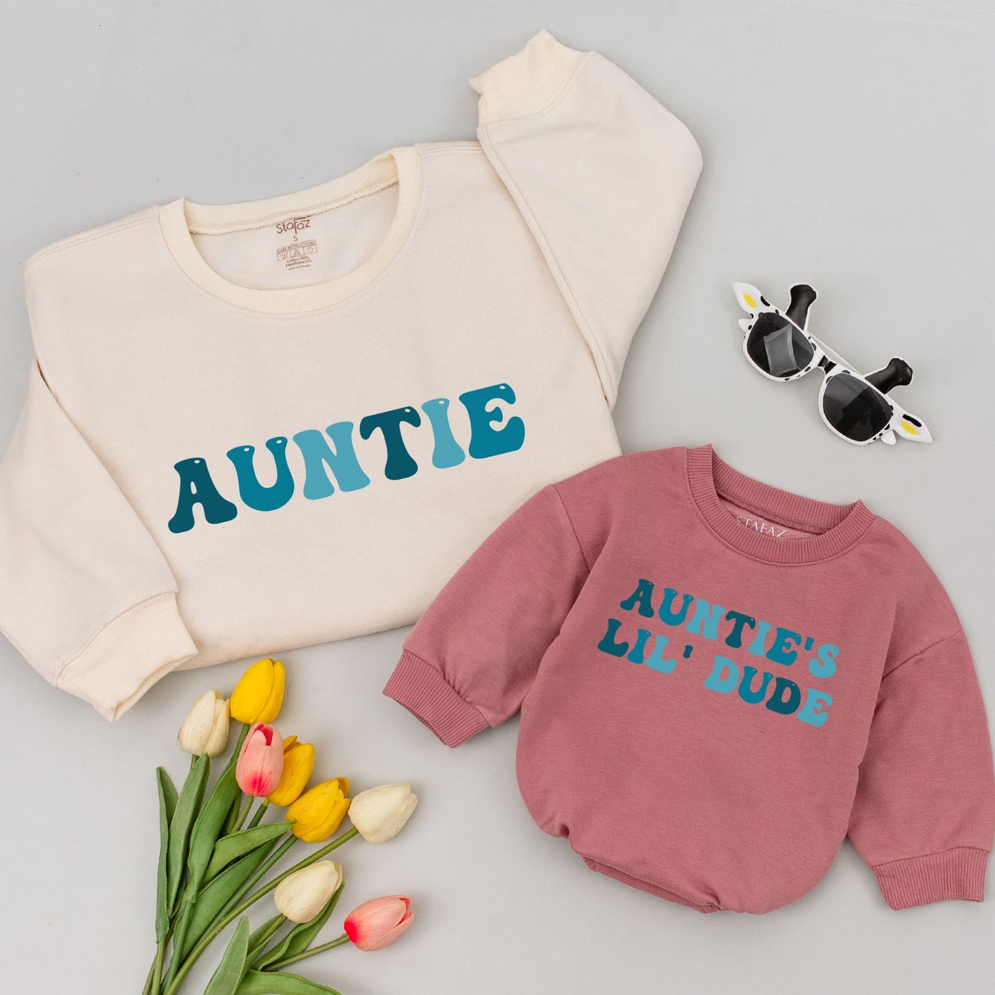 Auntie & Lil' Dude Matching Sweatshirts: Retro Teal & Blue Design, Gift for Aunt, Baby Boy, Birthday