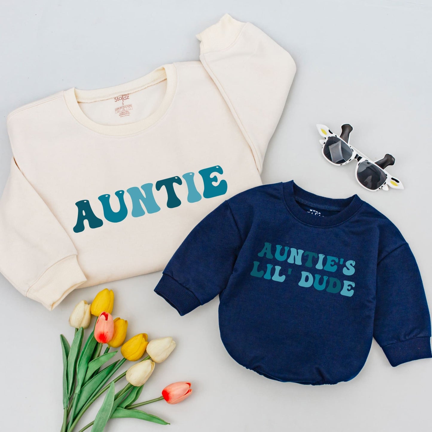 Auntie & Lil' Dude Matching Sweatshirts: Retro Teal & Blue Design, Gift for Aunt, Baby Boy, Birthday