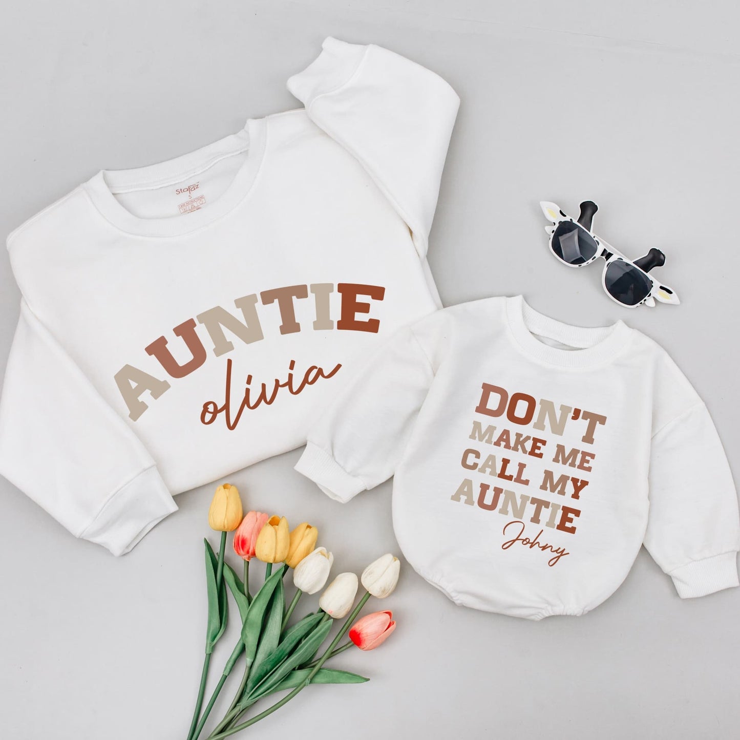 Auntie & Olivia Matching Shirt Set - Don't Make Me Call My Auntie, Johny - Custom Family Auntie's Bestie Newborn Gift Cute Playful Casual Style