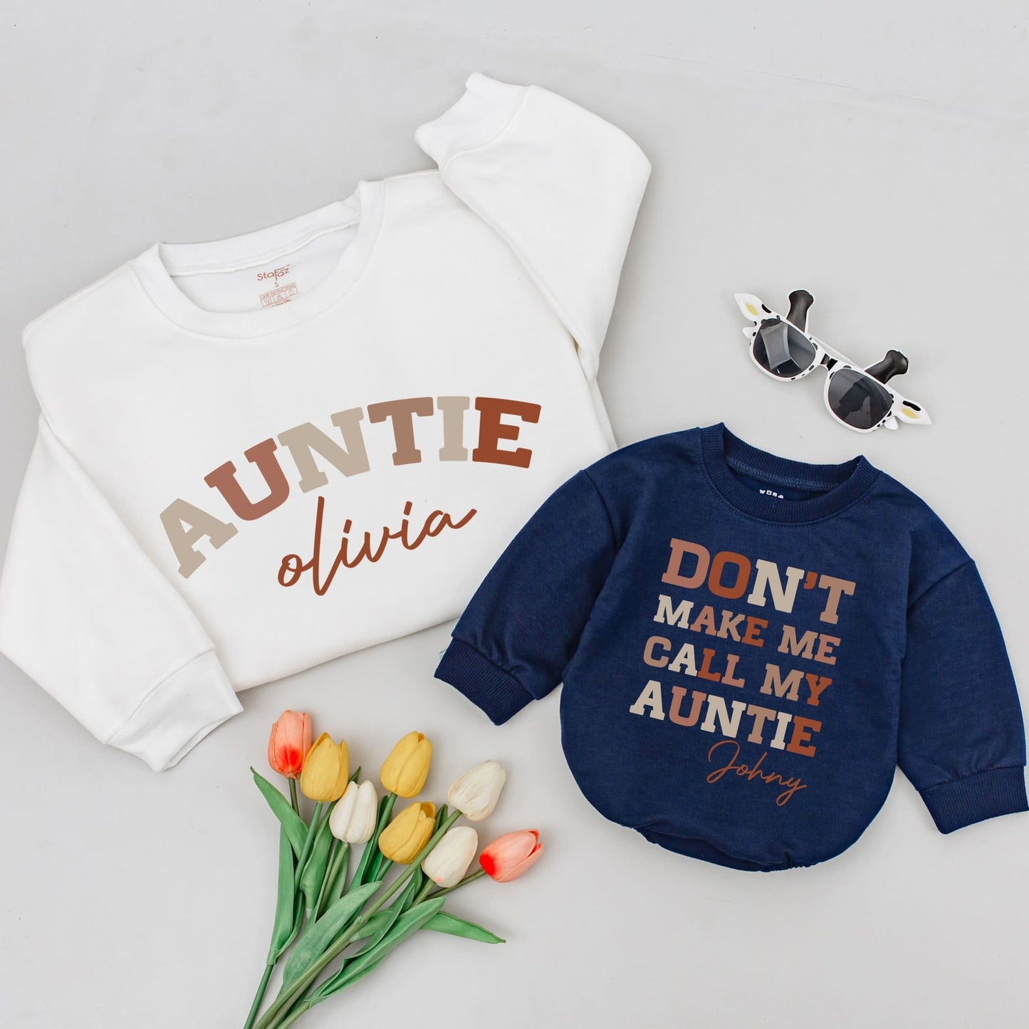 Auntie & Olivia Matching Shirt Set - Don't Make Me Call My Auntie, Johny - Custom Family Auntie's Bestie Newborn Gift Cute Playful Casual Style