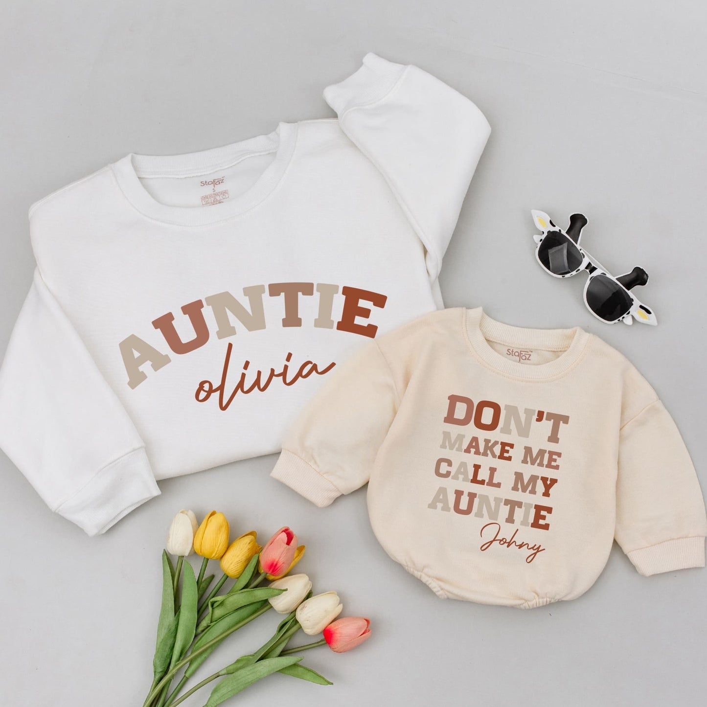 Auntie & Olivia Matching Shirt Set - Don't Make Me Call My Auntie, Johny - Custom Family Auntie's Bestie Newborn Gift Cute Playful Casual Style