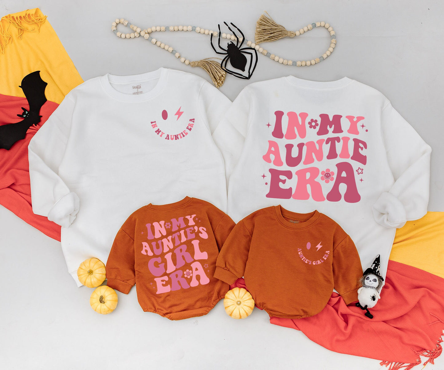 "In My Auntie Era" Matching Outfit, Retro Pink Wavy Text Auntie Sweatshirt and "Auntie's Girl" Baby Romper Gift Set with Stars & Smiley