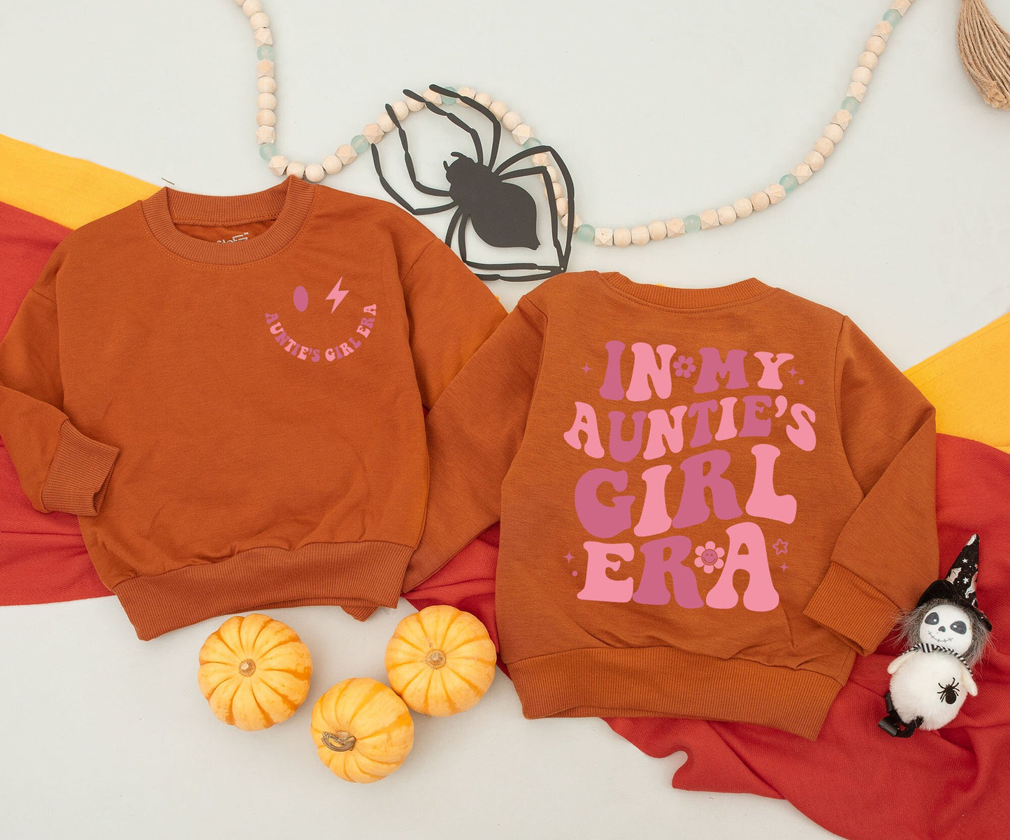 "In My Auntie Era" Matching Outfit, Retro Pink Wavy Text Auntie Sweatshirt and "Auntie's Girl" Baby Romper Gift Set with Stars & Smiley